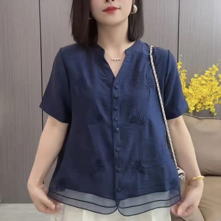 《专柜品质》夏季新款时尚百搭气质显瘦复古刺绣纯色衬衫妈妈上衣W