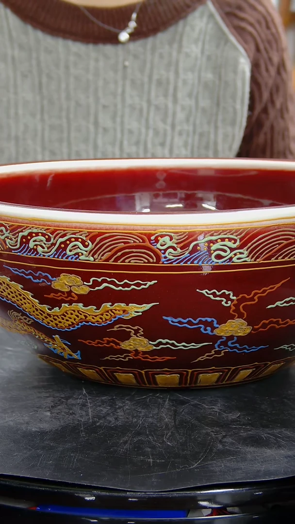 瓶红釉刻款龙纹螭粉工艺大缸#1420#