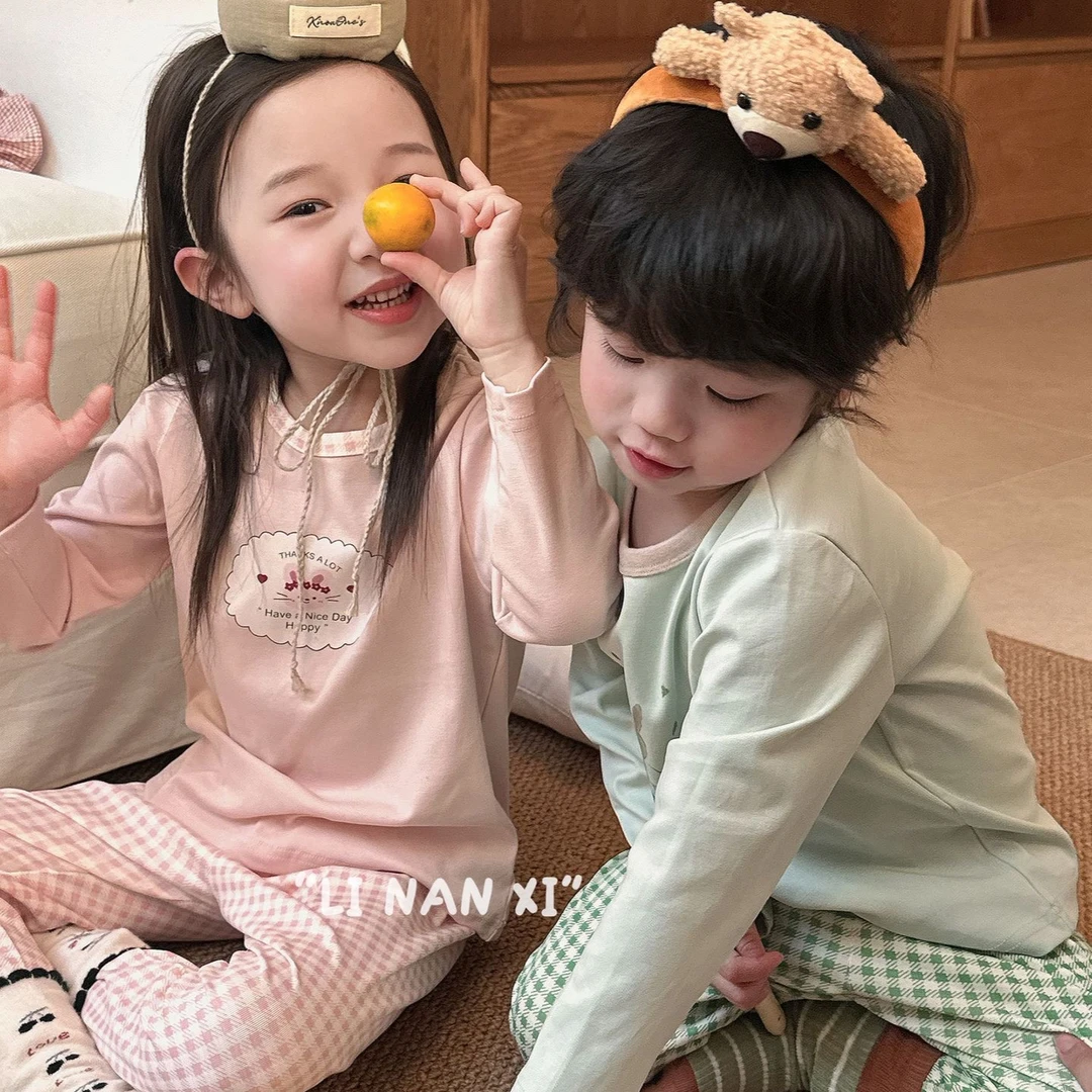 女童粉格花环小兔休闲家居服套装85058