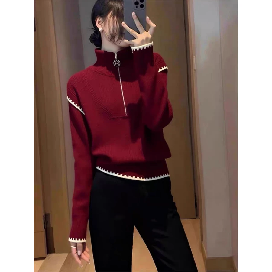 韩系气质优雅风红色半拉链针织衫女秋冬新款时尚高级感百搭上衣潮