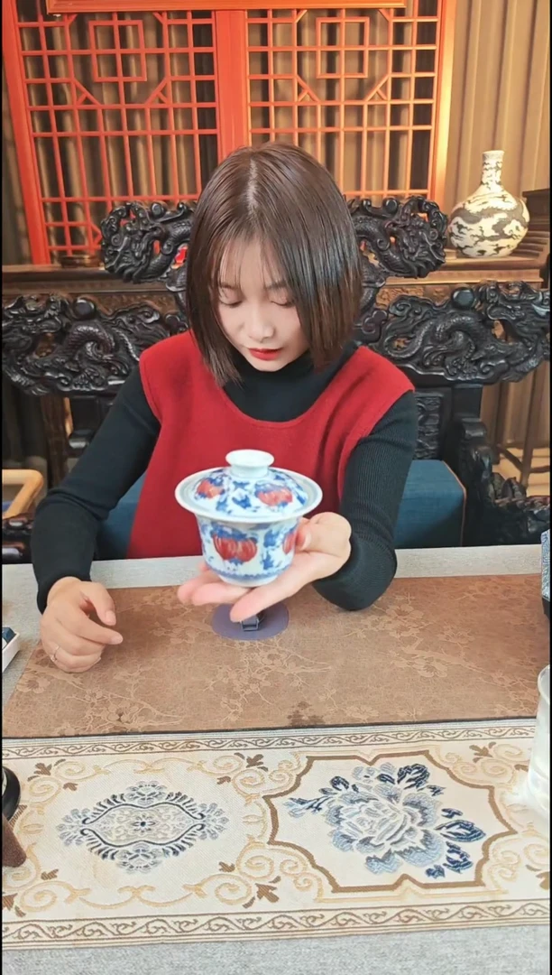 【闪购商品】盖碗宁封窑青花釉里红瓜果纹二才盖碗