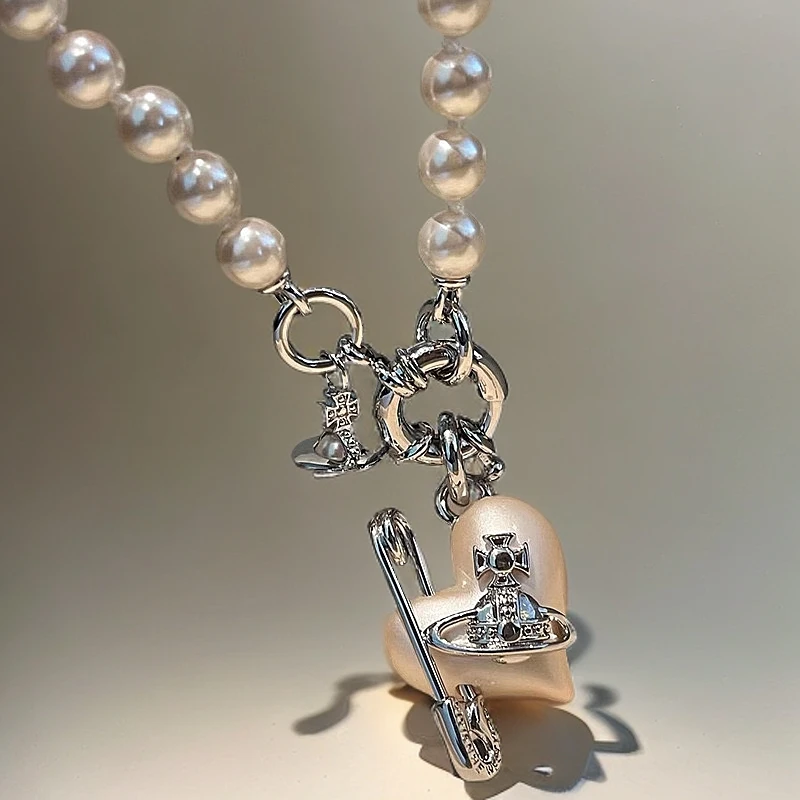 铜合金仿珍珠吊坠 西太后别针珍珠项链土星回形针欧美复古锁骨链