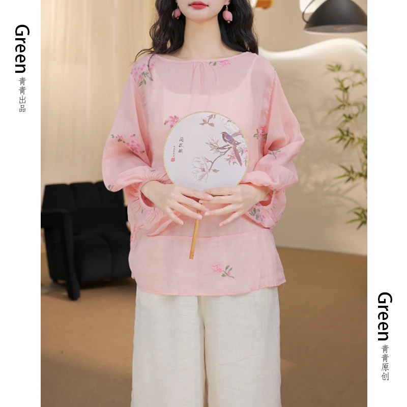 6182 圆领苎麻春夏薄款衬衫女文艺气质小衫上衣