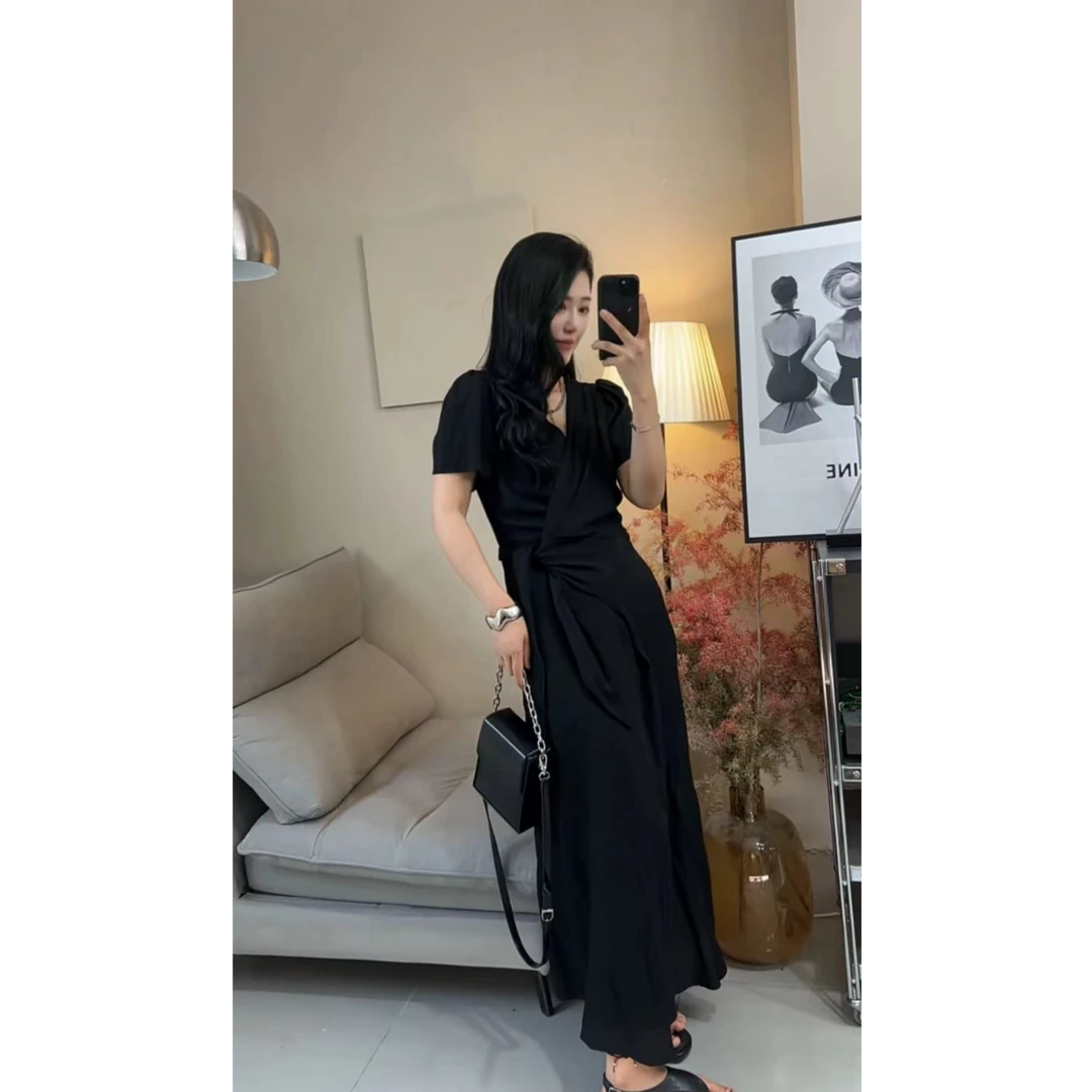 法式复古气质连衣裙长款夏季系带收腰显瘦别致高级感长裙