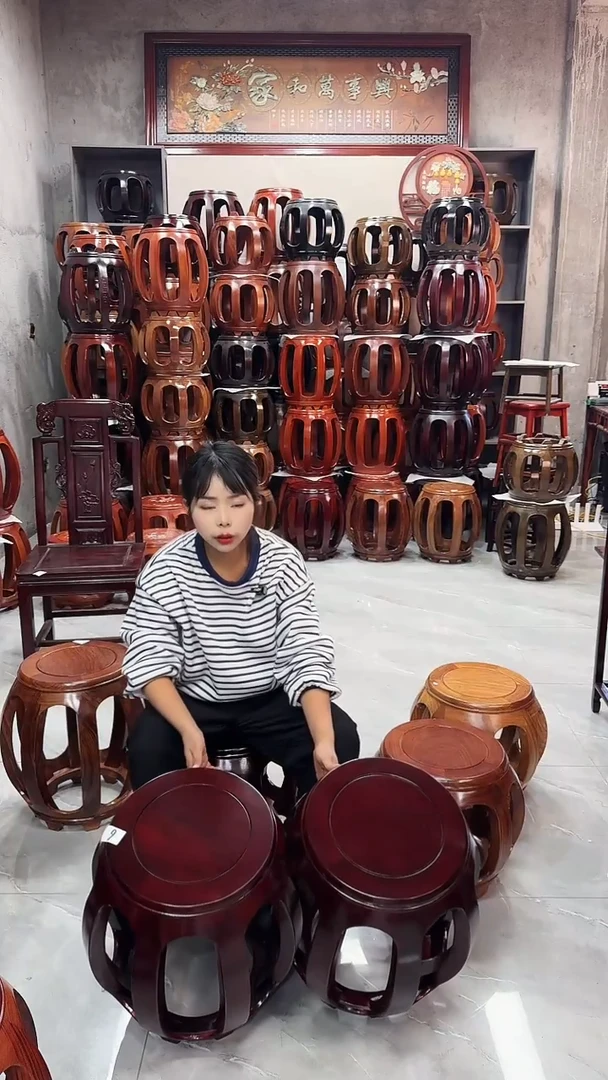 【闪购商品】花梨木类家具花梨木酸枝色大号鼓凳一对6号