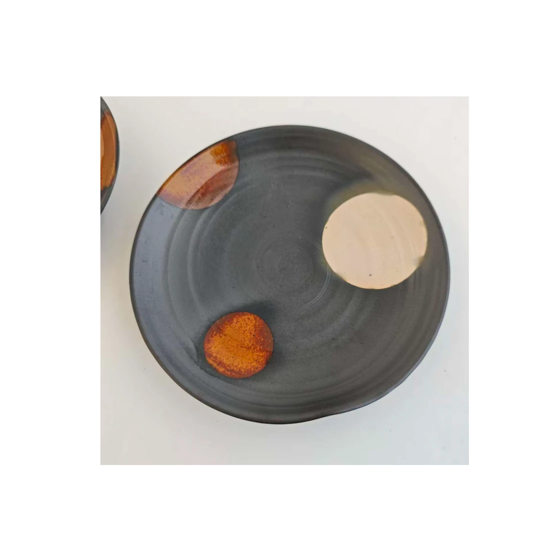 日本进口美浓烧粗陶釉下彩琉球三彩点心碟甜品碟陶盘