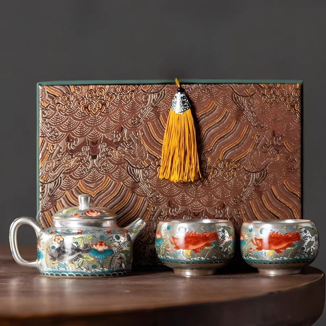 周鸿杰高端鎏银鱼藻纹茶壶一壶两杯（礼盒装） 1658