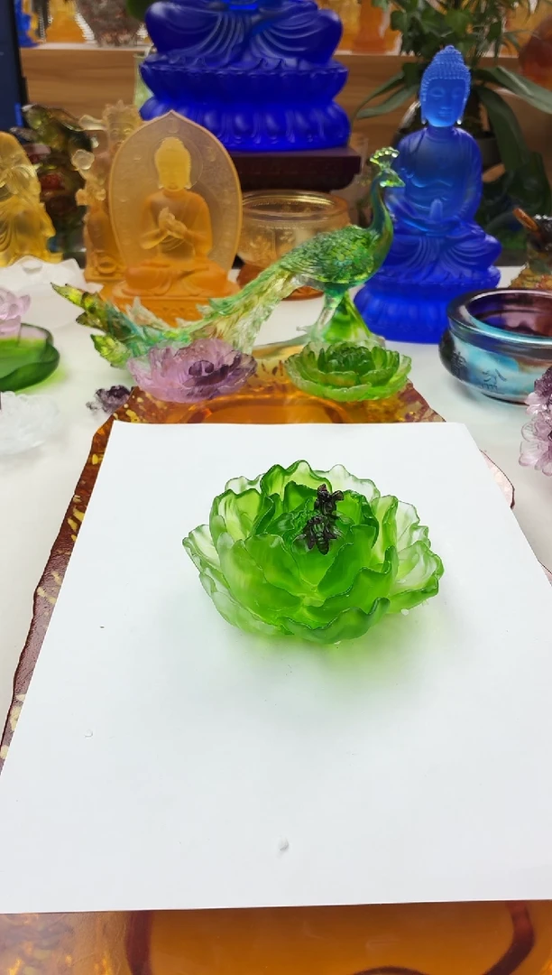 手工艺品琉璃绿色牡丹花线香插11公分