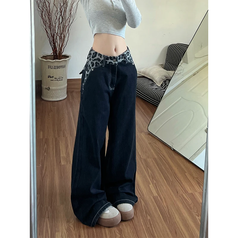 美式辣妹设计感豹纹拼接腰头牛仔裤子女复古街头个性潮流弯刀长裤