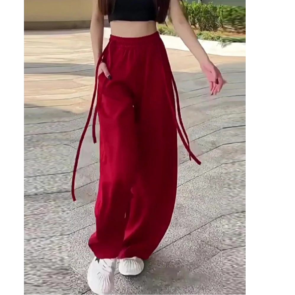 爆款新年红色弯刀运动卫裤2025早秋款双抽绳2025炸街女装直播