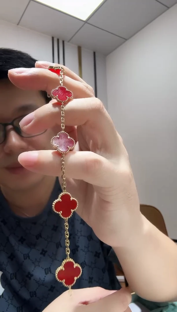 玛瑙/玉髓手链18K金镶嵌吹**?红色k黄，五花手链