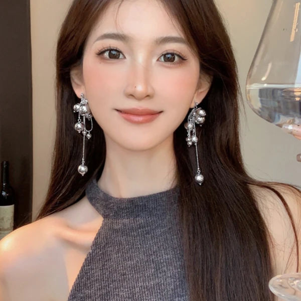 铜合金耳饰 串珠长款流苏耳环小众设计感高级感个性时尚耳钉A248