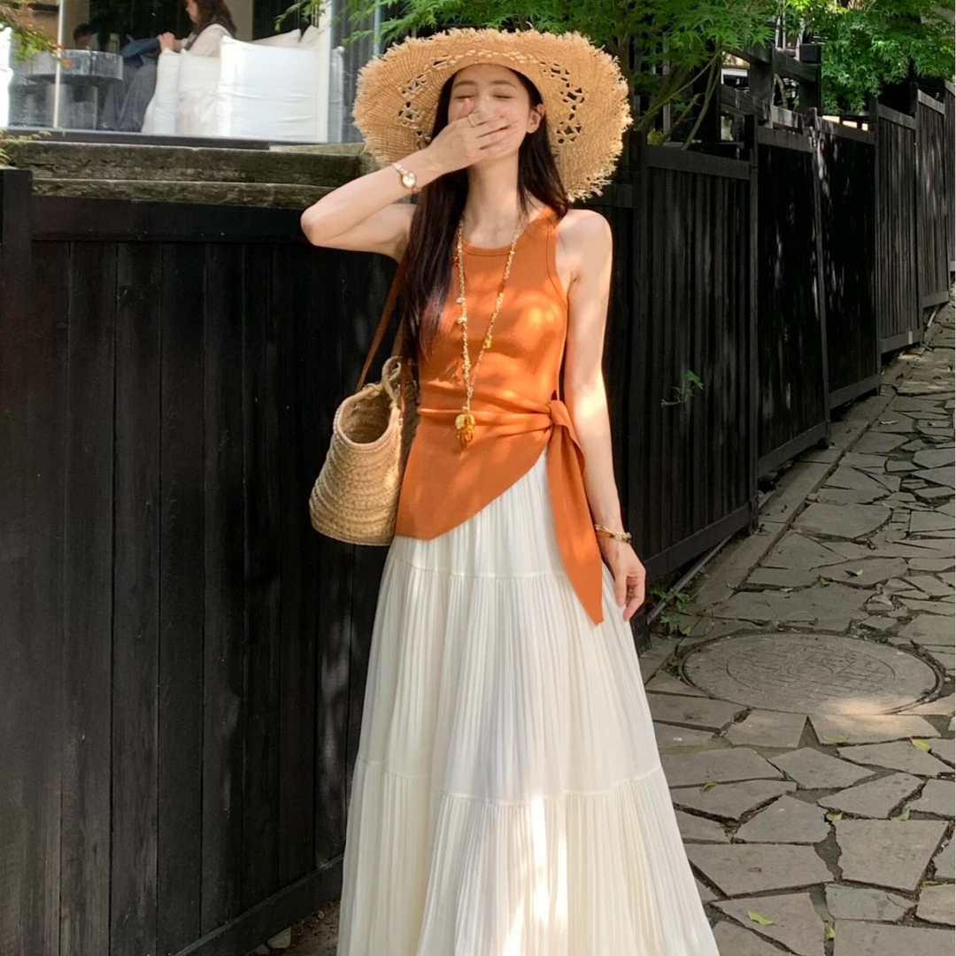 【甜心】夏季法式气质背心开叉绑带显瘦收腰上衣千金清冷洋气衣服女