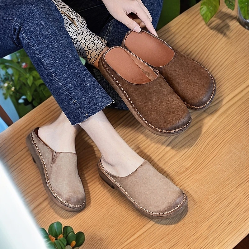 头层牛皮休闲时尚舒适春季外穿包头拖鞋防滑女款真皮软底女鞋透气