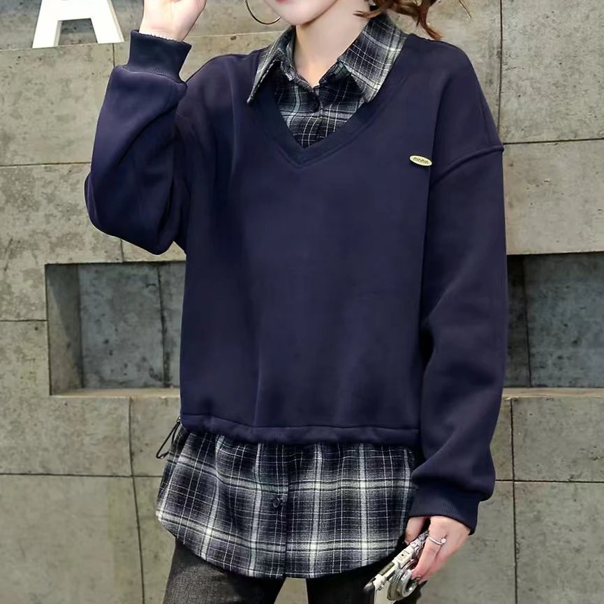 加绒加厚格子拼接假两件卫衣女秋冬新款时尚洋气减龄上衣#3768