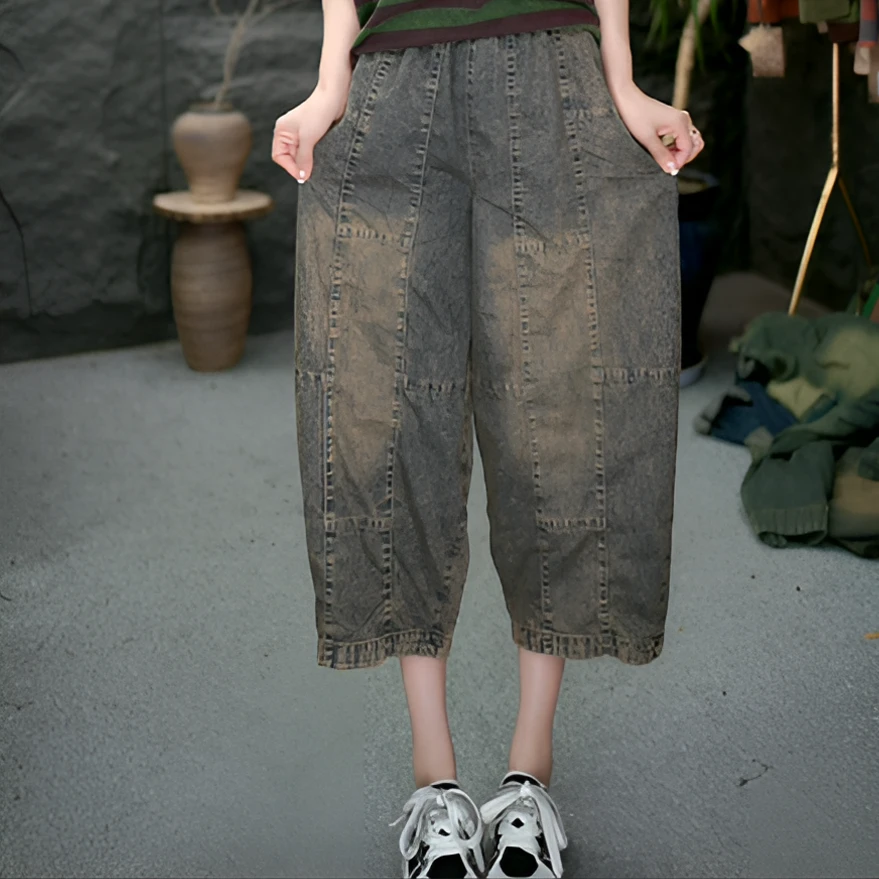 JJ夏季薄款梨形身材高腰显瘦慵懒风牛仔阔腿裤直筒复古松紧腰