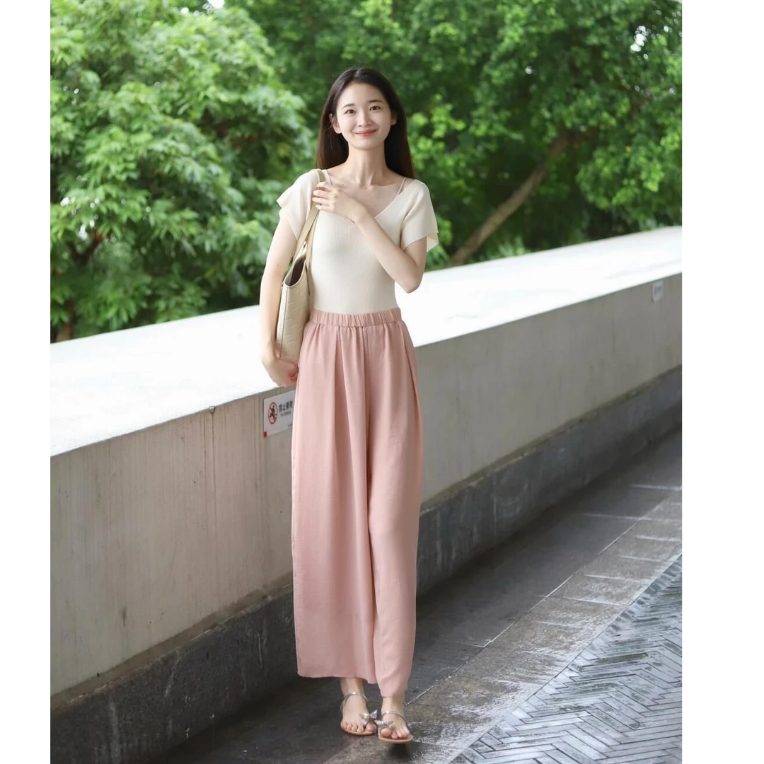 韩版V领针织短袖上衣+松紧腰宽松垂感压褶百褶阔腿裙裤两件套