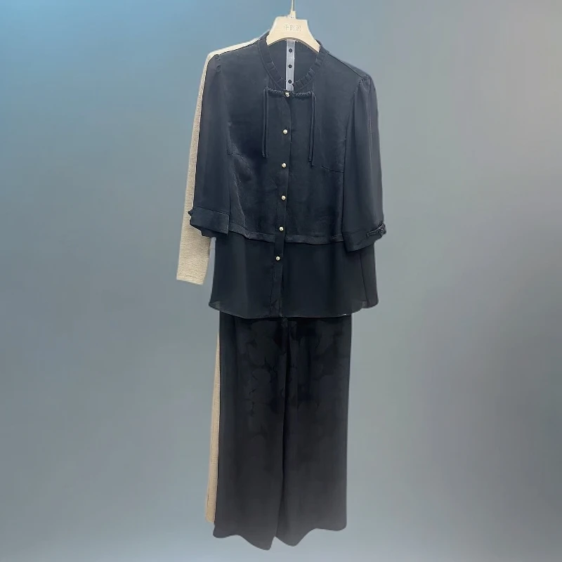 优雅国风气质显瘦衬衫直筒裤两件套春秋新款