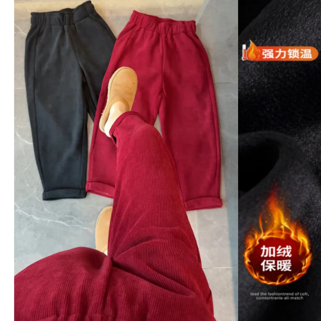 景倩妮时尚简约加绒加厚休闲裤2025年冬季新款高腰显瘦八分直筒裤