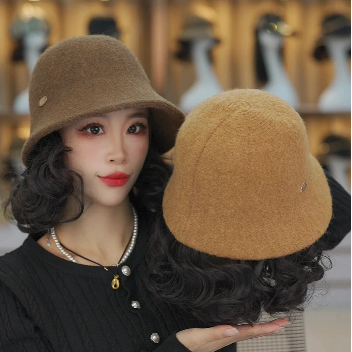 时尚外翻卷短卷发全头套保暖加厚毛呢渔夫帽一体式帽子