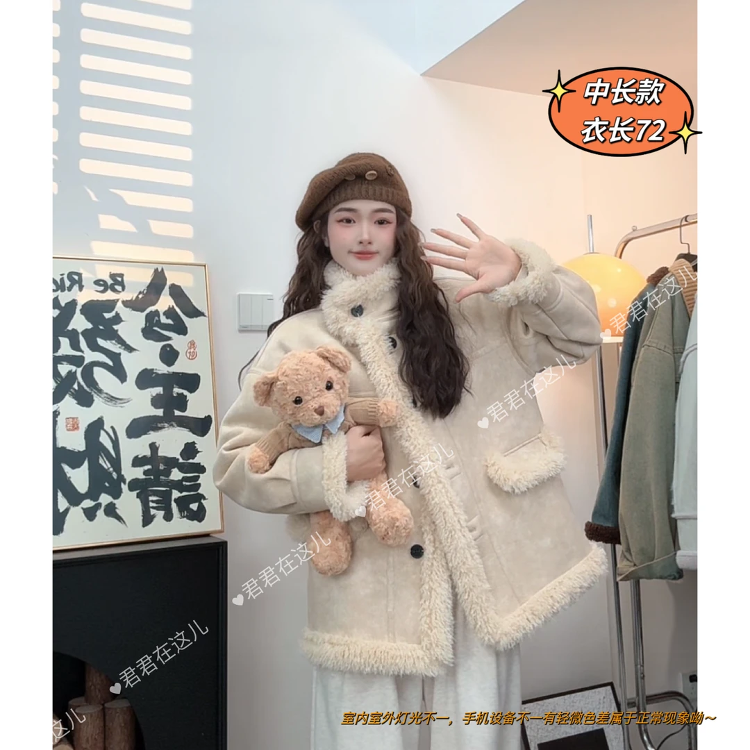 JJ2024冬款上新韩版ins潮中长款百搭加厚保暖机车服外套皮毛一体