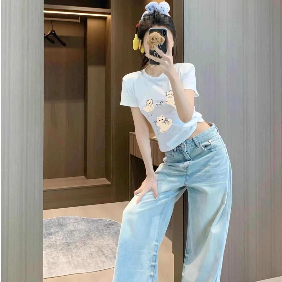 短袖t恤女夏季2025新款潮流宽松可爱甜美设计感印花半袖体恤上衣