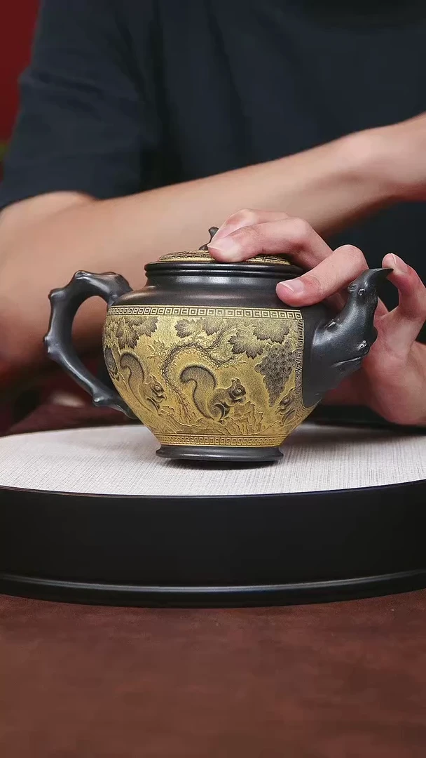 紫砂茶宠宜兴紫砂 描金报春