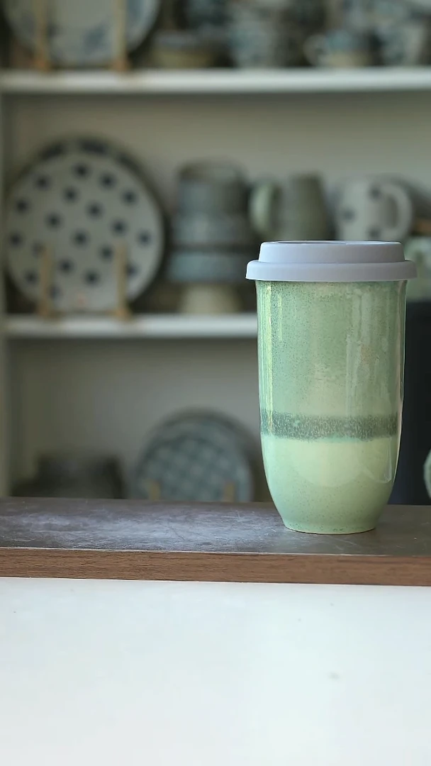 陶微瑕窑变抹茶绿带盖随身杯430ml@4-2@