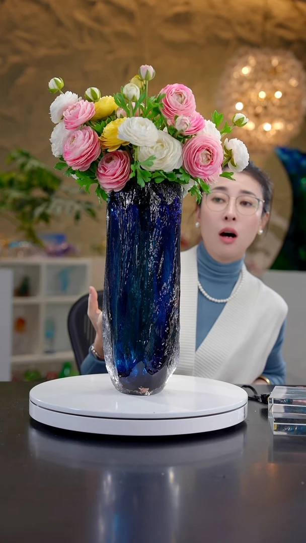 手工艺品琉璃深蓝色肌理纹设计款花器