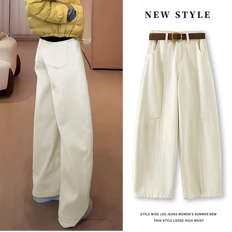 美人访同款加绒弯刀裤2025冬季新款高腰米白色阔腿裤牛仔裤女5899