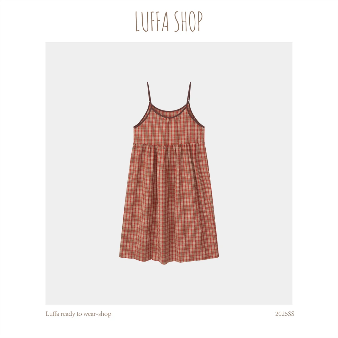 【Luffa shop】“半香缇卡”气质时尚格子桔子吊带裙DDQ20250319