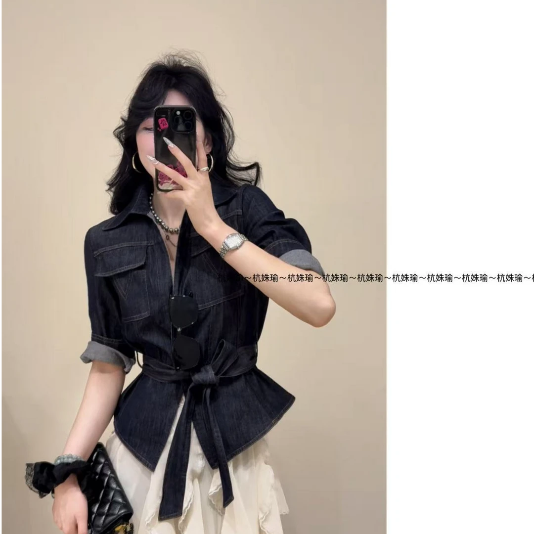 夏夏推荐春夏复古牛仔外套显瘦系带精致上衣9961