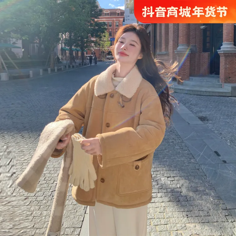 皮毛一体外套女2025冬季新款甜酷韩系慵懒风复古麂皮绒小个子棉服