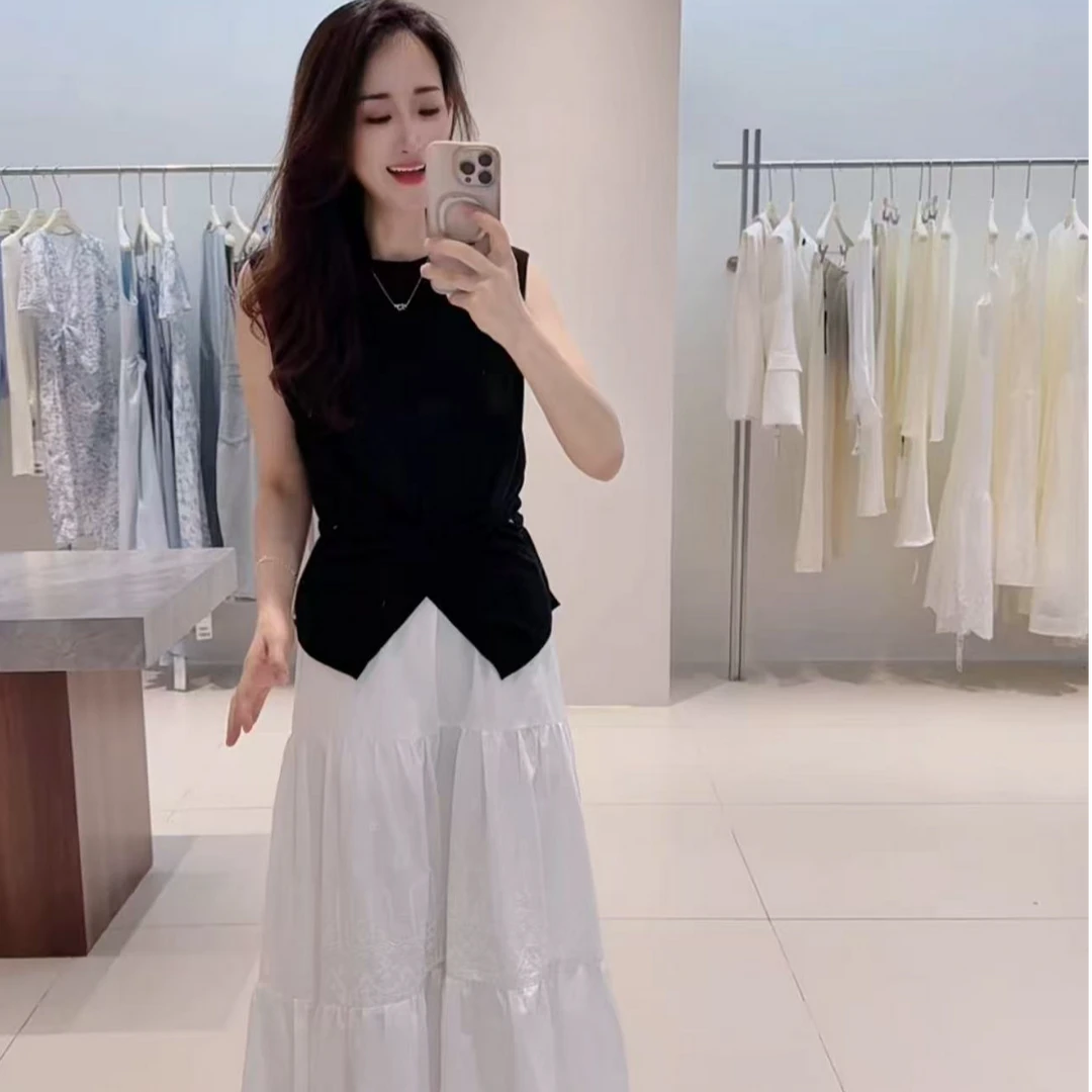 针织衫-25090高端交叉绑带圆领无袖