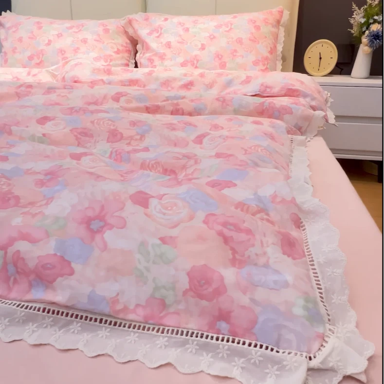 升级版重工镂空蕾丝花边全棉纱布棉套件床单加厚人字纹提花纱布棉