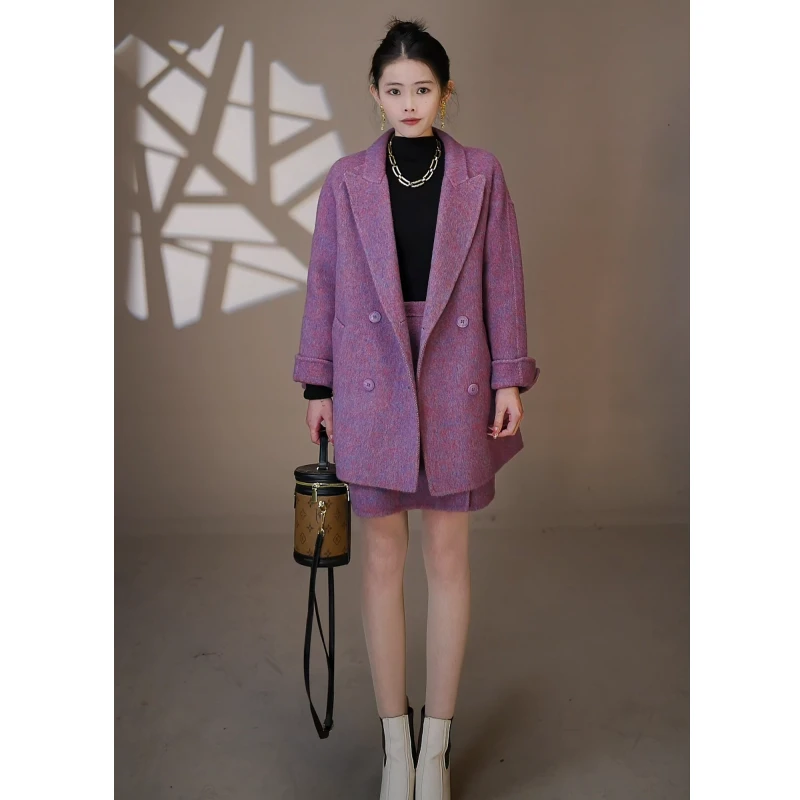 【小雨】高级感桑蚕丝双面羊毛大衣宽松双排扣毛呢外套-禁水洗