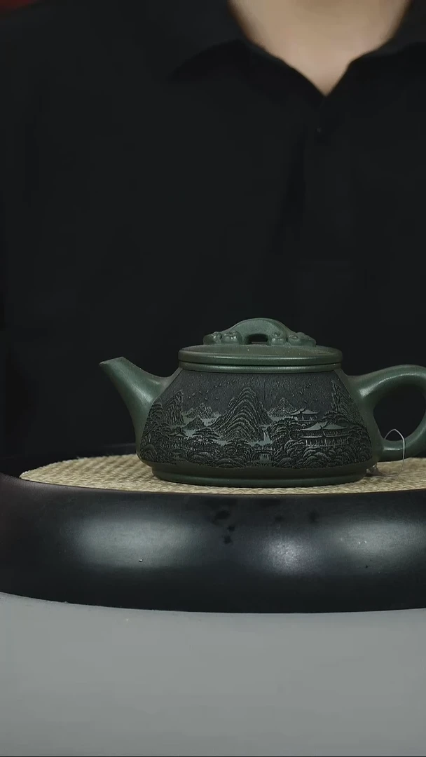 茶壶紫砂绿泥 如意石瓢 刻绘
