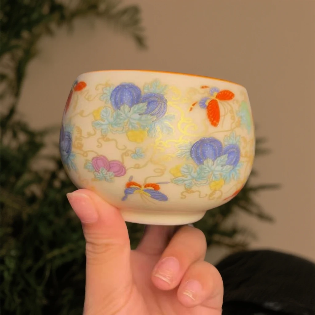 米黄 汝窑金缕瓜蝶绮梦 主人杯 喝茶杯（带包）