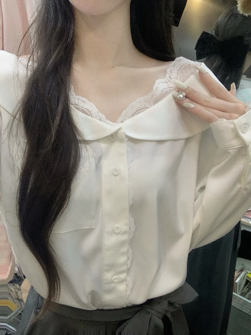 洋气衣服女法式蕾丝拼接白色长袖衬衫夏季高腰气质别致显瘦半身裙