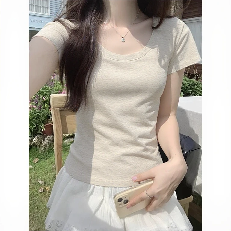 春夏款轻薄透气百搭显瘦日常休闲多色可选纯色短袖上衣
