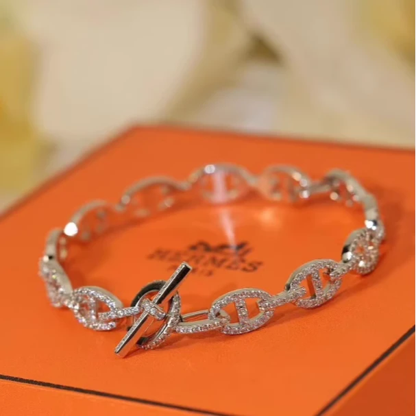 99新 Hermes/爱马仕 小花林林 ChainedAncre猪鼻子手镯 18k白金LG