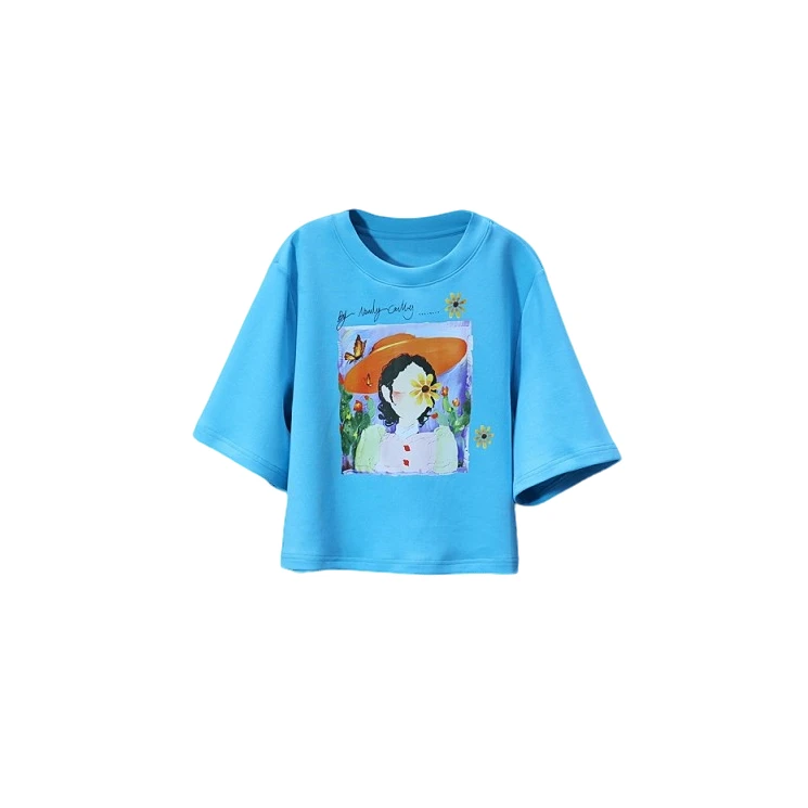 【韩哥女装】轻薄舒适简约天蓝色印花时尚短款T恤7572-C2