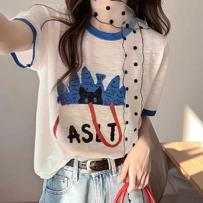 趣味小鱼手提包图案轻薄冰麻短袖针织t恤夏季休闲拼色圆领上衣女