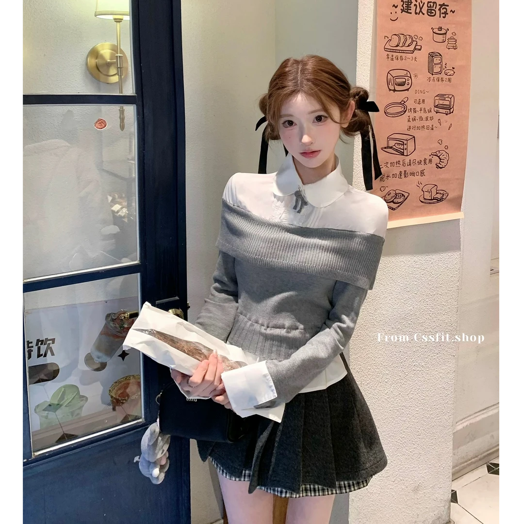 【韩女美学】学院风2025春季新款假两件蝴蝶结衬衫拼接针织上衣短裙