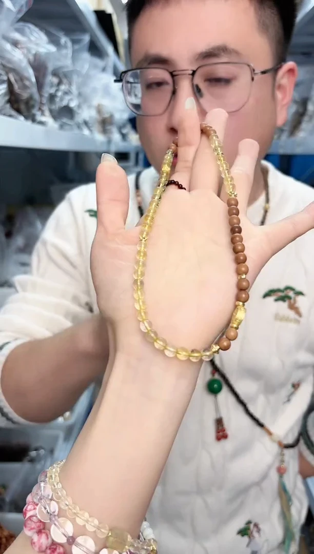 【闪购商品】檀香木手串合金老山DIY黄水晶双圈