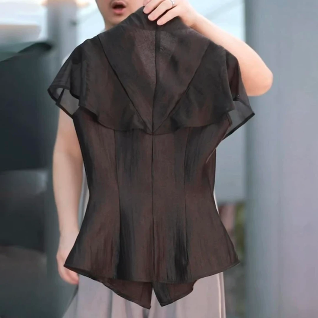 时尚拼接V领气质收腰荷叶边衬衫女高级感轻奢减龄洋气别致上衣