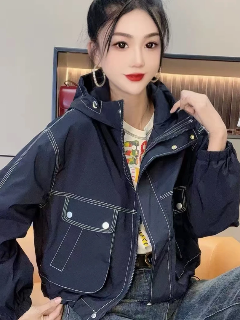 2025秋新款抽绳连帽休闲百搭冲锋衣短外套女明线休闲秋款夹克上衣