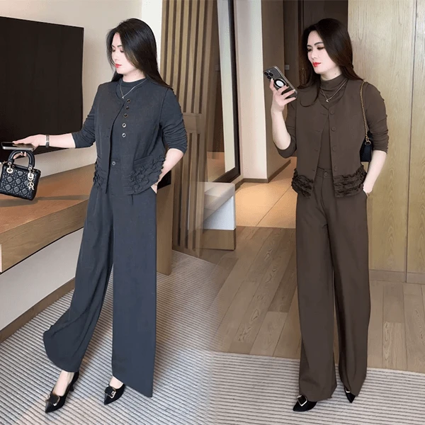 休闲风宽松春秋显瘦时尚套装女2025新款阔腿裤女装洋气长袖三件套