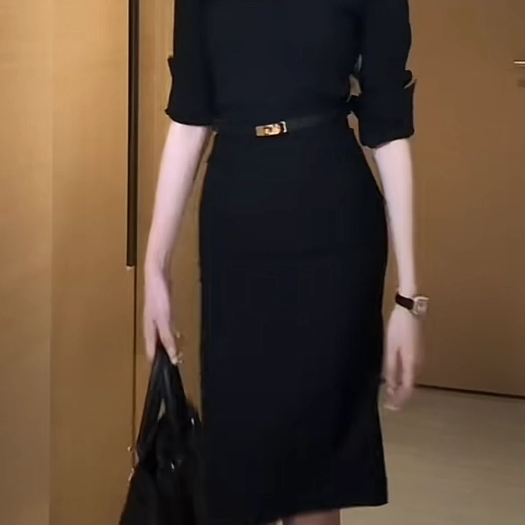 【圣尔曼】气质百搭时尚网红设计感开叉修身半身裙7051款（不含腰带）