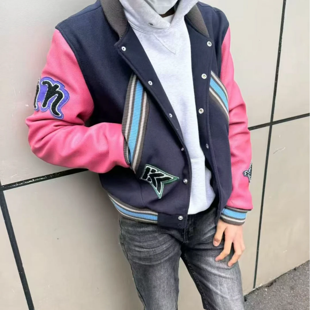 欧美潮牌美式粉袖棒球服外套男女春季新款高街复古拼接休闲夹克潮